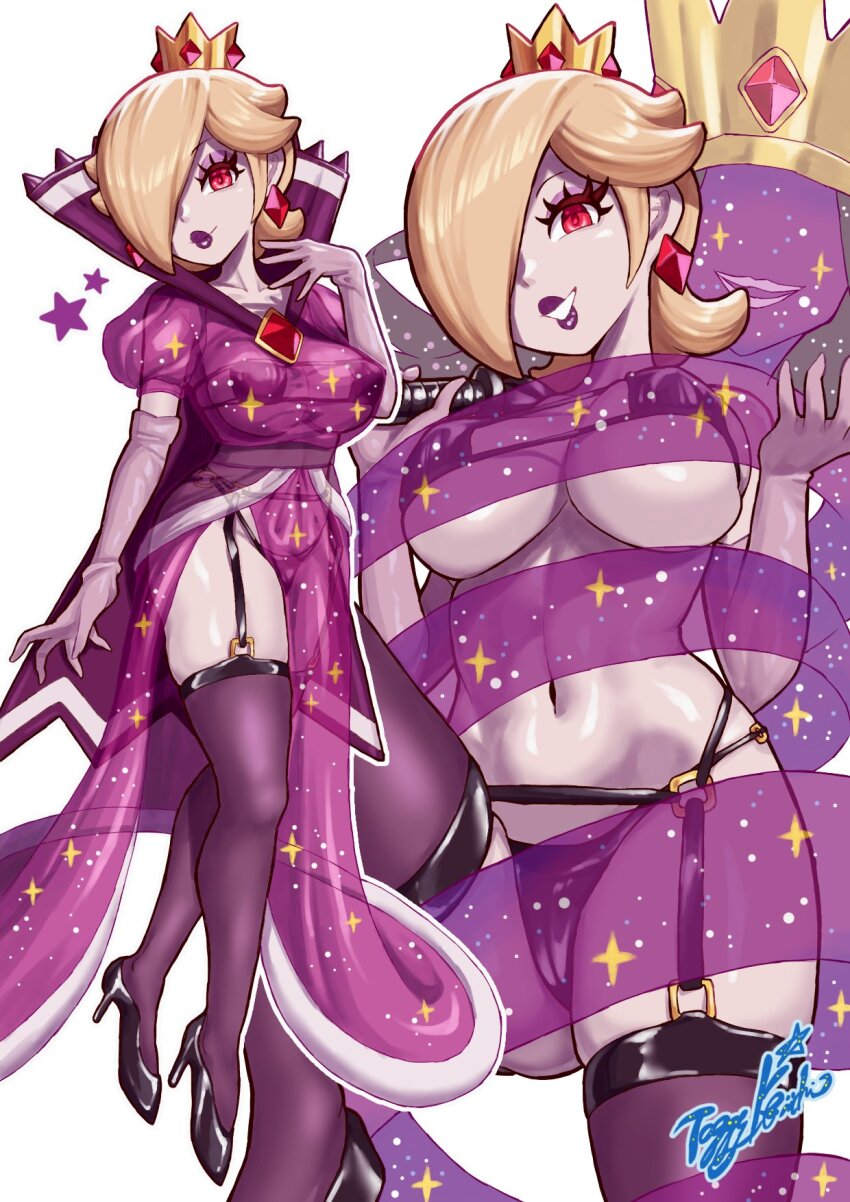 bra cameltoe corruption crown dress earrings erect_nipples_under_clothes female_only femdom femsub floating garter_belt garter_straps gloves hair_covering_one_eye high_heels large_breasts lipstick looking_at_viewer multiple_views navel nintendo opera_gloves panties paper_mario possession princess princess_rosalina purple_lipstick red_eyes see-through shadow_queen signature simple_background smile super_mario_bros. super_mario_galaxy thighhighs thong toggy_keiichi underwear white_background