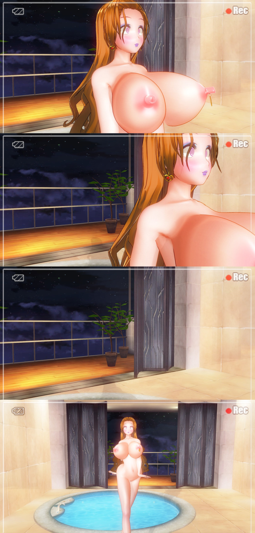 3d absurdres bottomless breasts brown_hair comic custom_maid_3d_2 dialogue empty_eyes erect_nipples expressionless eyeshadow female_only femsub hard_translated huge_breasts kamen_writer_mc lipstick makeup nipple_piercing nipples nude purple_lipstick rika_(made_to_order) text topless
