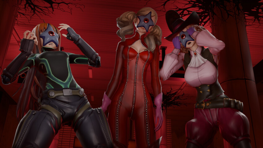 3d ann_takamaki blonde_hair bodysuit brown_hair clothed dc_comics eh female_only femsub futaba_sakura gloves haru_okumura hat latex limp long_hair multiple_girls multiple_subs open_mouth orange_hair parasite persona_(series) persona_5 resisting smile standing starro twintails zipper