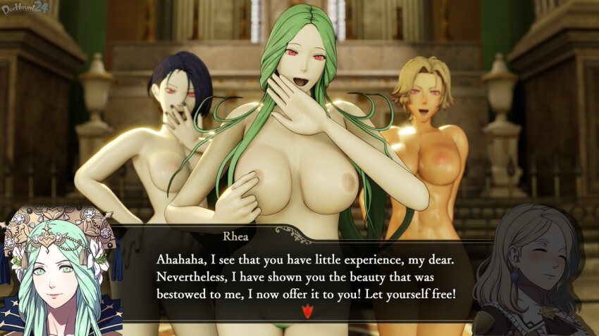 bottomless breasts catherine_(fire_emblem) dochaunt english_text femdom femsub fire_emblem fire_emblem_three_houses hilda_valentine_goneril hypnotized_hypnotist mercedes_von_martritz nintendo nude rhea_(fire_emblem_three_houses) shamir_nevrand tagme text topless yuri