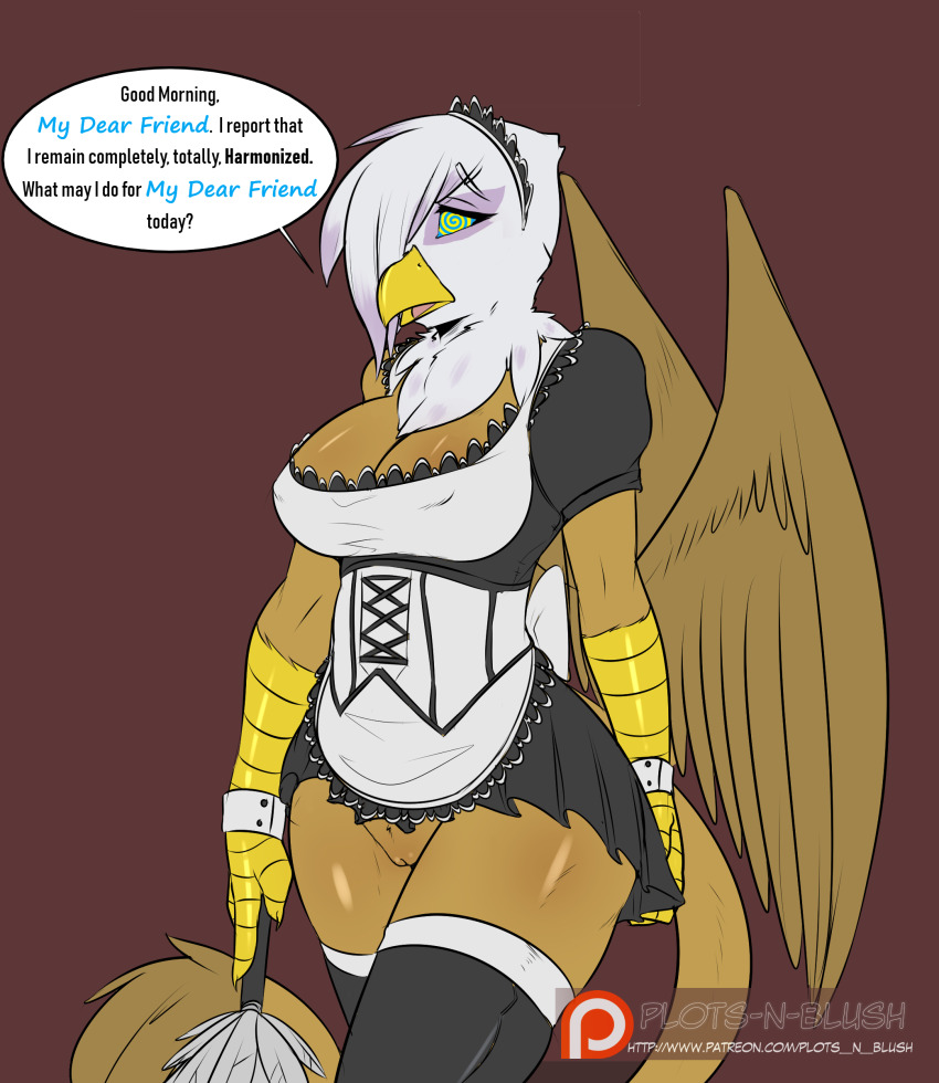 absurdres anonymind_(manipper) avante92 beak bird_girl bottomless breasts comic dialogue expressionless feather_duster female_only femsub furry gilda gryphon_girl large_breasts maid maid_headdress manip my_little_pony spiral_eyes symbol_in_eyes text thighhighs