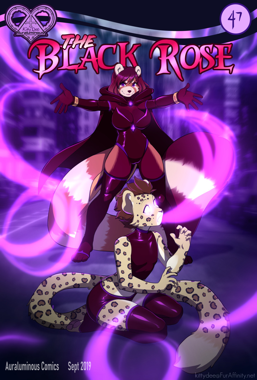 absurdres ash_(ashkelling) brown_hair cat_boy clothed comic corruption dazed empty_eyes femdom femsub furry kittydee kneeling leopard_boy magic malesub non-human_feet open_mouth original red_hair red_panda_girl rose_red_(scarlet-frost) smile super_hero text