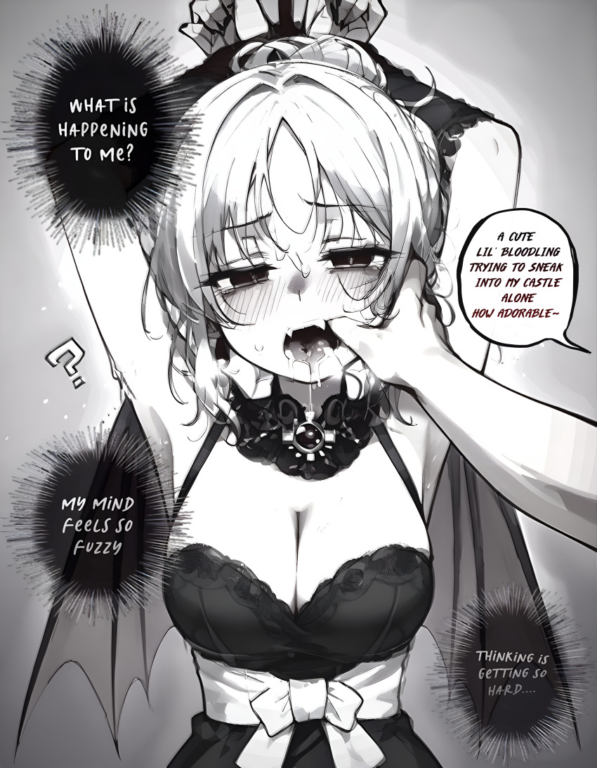 absurdres ai_art armpits arms_above_head bat_wings black_eyes blush bondage choker comic confused dazed dialogue dress drool fangs femsub finger_in_mouth finger_to_mouth greyscale hand_on_another's_cheek jewelry jinio_(generator) lace large_breasts manip messy_hair monochrome nail_polish open_mouth panting pov pov_dom resisting restrained ribbon rope short_hair speech_bubble standing sweat tears text tongue tongue_out vampire white_hair wings yodayo_(ai)