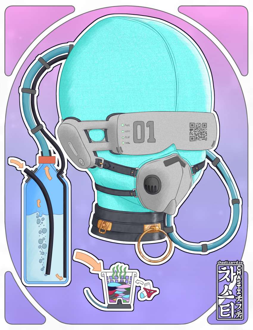 barcode cables chasti_artist collar headphones hypnotic_accessory mask oxygen_mask panties purple_background qr_code signature simple_background socks tech_control tubes visor water