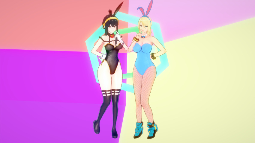 3d absurdres black_hair blonde_hair bow_tie breasts brown_eyes bunny_ears bunny_girl bunnysuit cleavage collarbone cuffs earrings empty_eyes fake_animal_ears female_only femsub finger_to_mouth gloves green_eyes hair_band hand_on_hip happy_trance koikatsu! large_breasts long_hair maledom metroid_(series) multiple_girls multiple_subs nintendo pantyhose ponytail samus_aran shadow1333 simple_background smile spy_x_family tongue tongue_out yor_briar