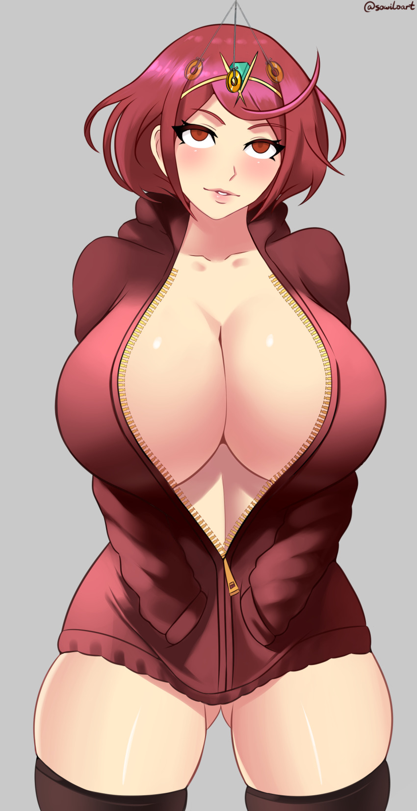 absurdres blush breasts cleavage empty_eyes female_only femsub huge_breasts icontrol_(manipper) jacket manip nintendo open_clothes pendulum pyra_(xenoblade) red_hair short_hair solo sowilo thighhighs xenoblade_chronicles xenoblade_chronicles_2