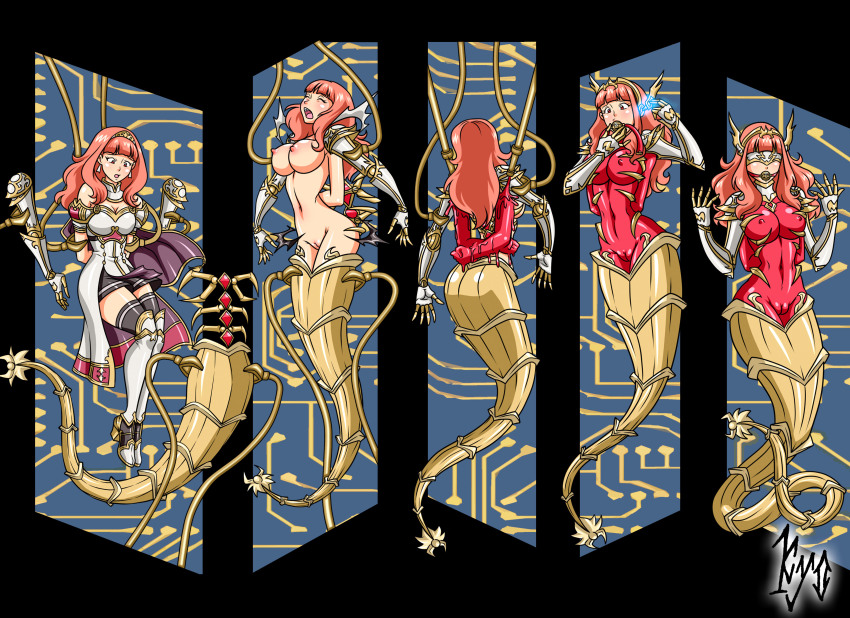 absurdres armor arms_behind_back ball_gag bangs before_and_after blindfold blush bodysuit bondage brain_injection breasts cameltoe celica_(fire_emblem) closed_eyes earbuds erect_nipples female_only femsub fire_emblem fire_emblem_echoes kyo-domesticfucker latex liquid_metal long_hair multiple_arms naga_girl nintendo nipples open_mouth orange_hair possession pussy restrained robot robotization slime straight-cut_bangs tentacles