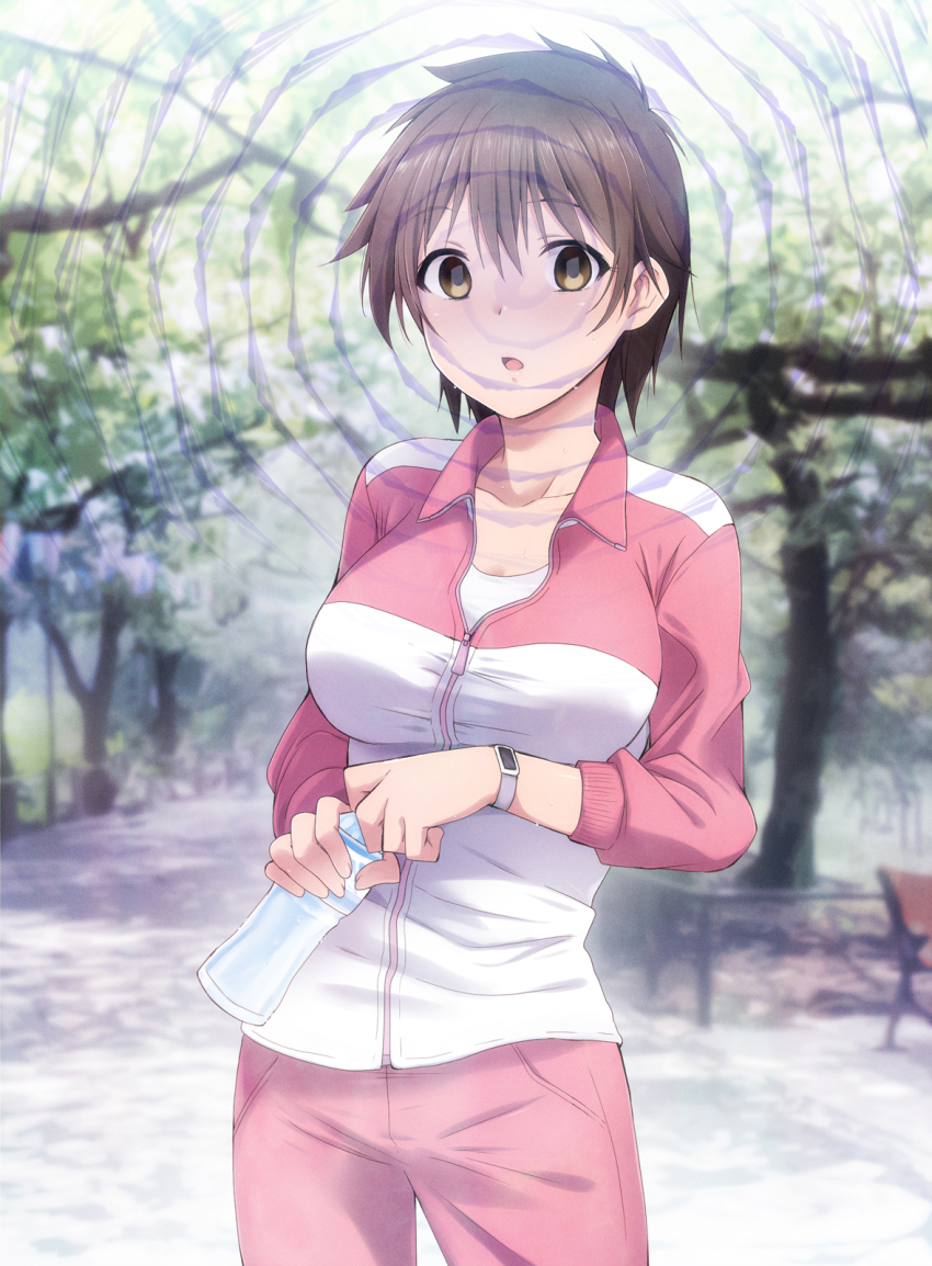 blush breasts brown_hair cleavage collarbone comic empty_eyes female_only femsub happy_trance huge_breasts jacket kaiga kirigami_aori pants saimin_appli_ver._666 short_hair smile solo spiral teacher thick_thighs
