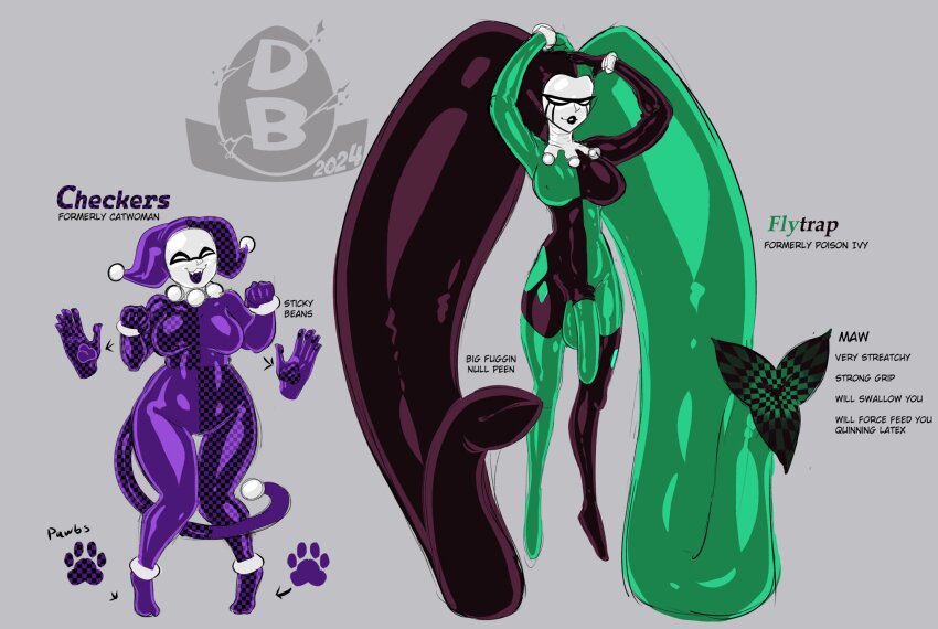 bulge catwoman clothed dc_comics diceyboi english_text female_only femsub futanari futasub harley_quinn latex multiple_girls multiple_subs poison_ivy text watermark