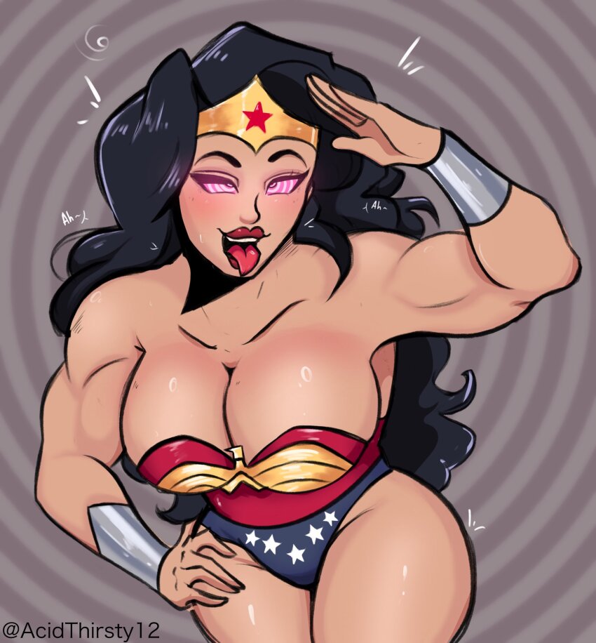 acidthirsty12 bare_legs bare_shoulders black_hair blush circlet cleavage dc_comics eye_color_change eye_roll female_only femsub glowing_eyes grey_background happy_trance long_hair muscle_girl open_mouth ring_background ring_eyes saluting shiny_hair shiny_skin simple_background solo spiral spiral_background spiral_eyes symbol_in_eyes tagme thick_thighs thighs tongue tongue_out wonder_woman