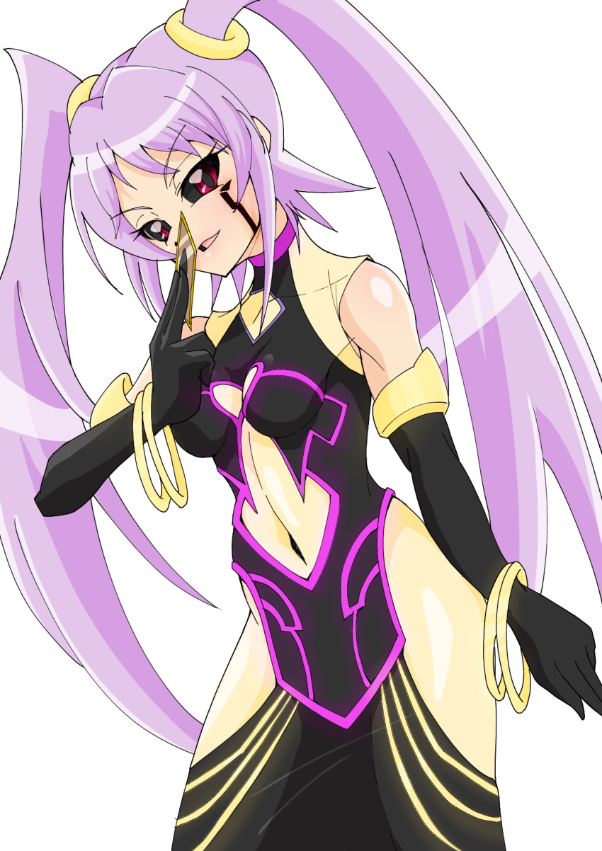 bare_shoulders black_sclera clothed corruption evil_smile female_only femsub gloves jewelry navel possession purple_hair red_eyes tattoo twintails white_background wisteria yu-gi-oh! yu-gi-oh!_5d's yu-gi-oh!_tag_force yutaro