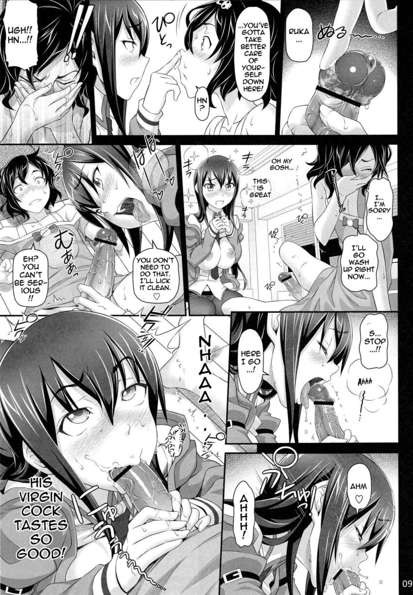 black_hair bottomless breasts breasts_outside comic dialogue embarrassed erection fellatio femdom greyscale hair_clips kurisu_makise large_breasts long_hair luka_urushibara malesub open_clothes open_shirt penis pooca right_to_left shinji_nora short_hair smegma smell steins;gate text topless