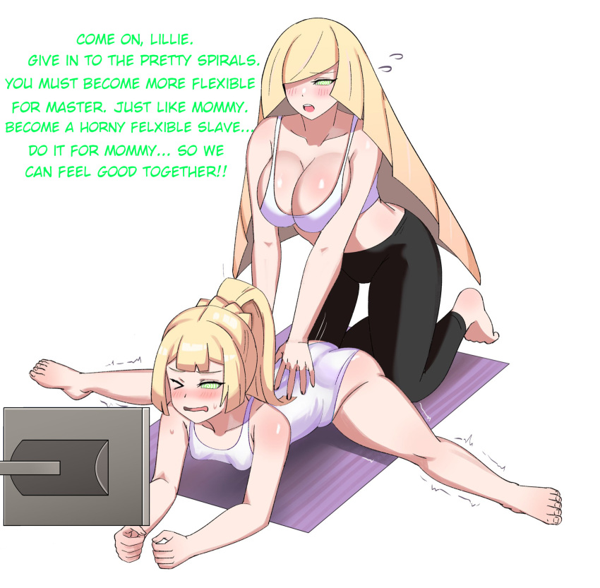 ass bare_legs barefoot blonde_hair blush breasts cleavage feet female_only femdom femsub glowing glowing_eyes huge_breasts hypnotic_screen hypnotized_assistant hypnotized_hypnotist large_ass large_hips leggings legs leotard light_skin lillie_(pokemon) long_hair lusamine manip milf misterman4_(manipper) mommy mother_and_daughter multiple_girls nintendo open_mouth pokemon pokemon_sun_and_moon ponytail small_breasts spiral_eyes sports_bra sportswear spread_legs sweat symbol_in_eyes tagme tank_top tech_control text yoga yoga_pants ytrall yuri