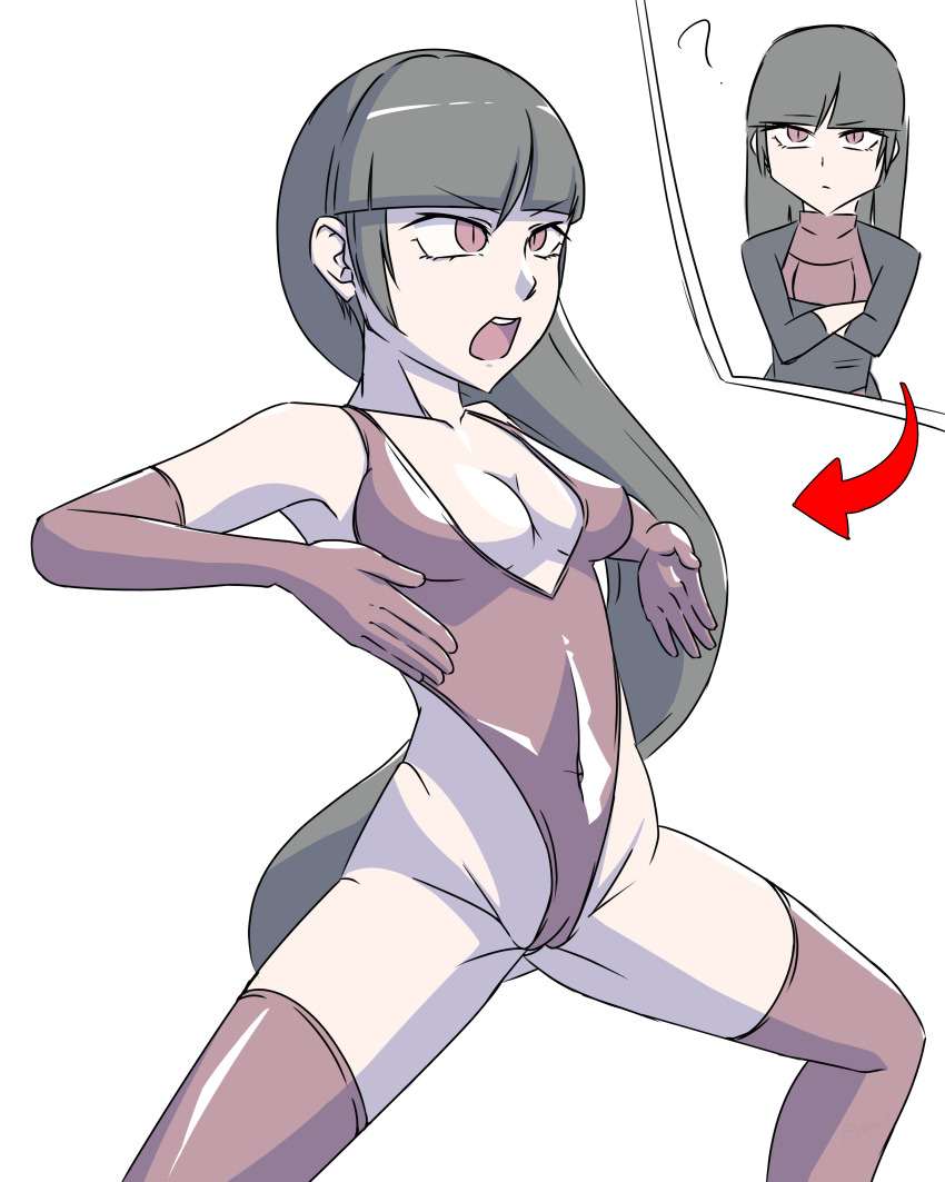 absurdres bangs before_and_after black_hair body_control breasts cameltoe cleavage collarbone crossed_arms empty_eyes erect_nipples_under_clothes eyebrows_visible_through_hair female_only femsub gloves haigure large_breasts nintendo one-piece_swimsuit open_mouth opera_gloves pokemon pokemon_let's_go pyomo1 red_eyes sabrina simple_background spread_legs standing straight-cut_bangs swimsuit thighhighs very_long_hair white_background