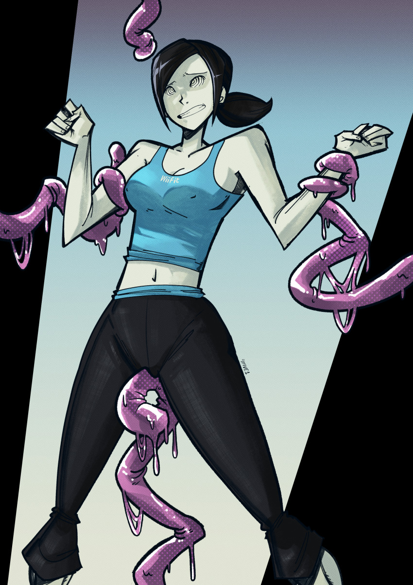 4five1 absurdres black_hair cleavage clothed erect_nipples_under_clothes female_only femsub gradient_background hypnotic_tentacle midriff nintendo pants ponytail restrained ring_eyes short_hair simple_background slime spiral_eyes spiralwash_eyes standing tank_top tentacles unhappy_trance white_skin wii_fit wii_fit_trainer yoga_pants