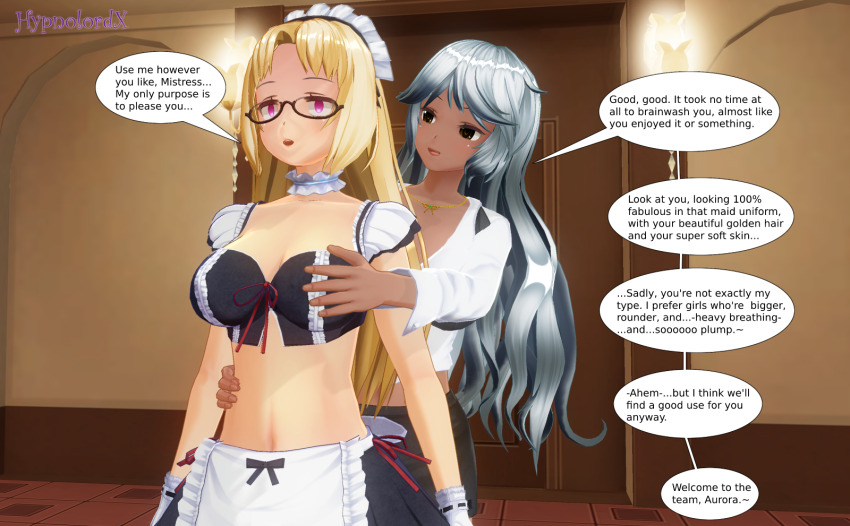 3d aurora_(jabberwocky) blonde_hair cleavage comic dialogue english_text femdom femsub glasses hypnolordx lena_lustrous_(hypnolordx) maid original speech_bubble standing standing_at_attention text