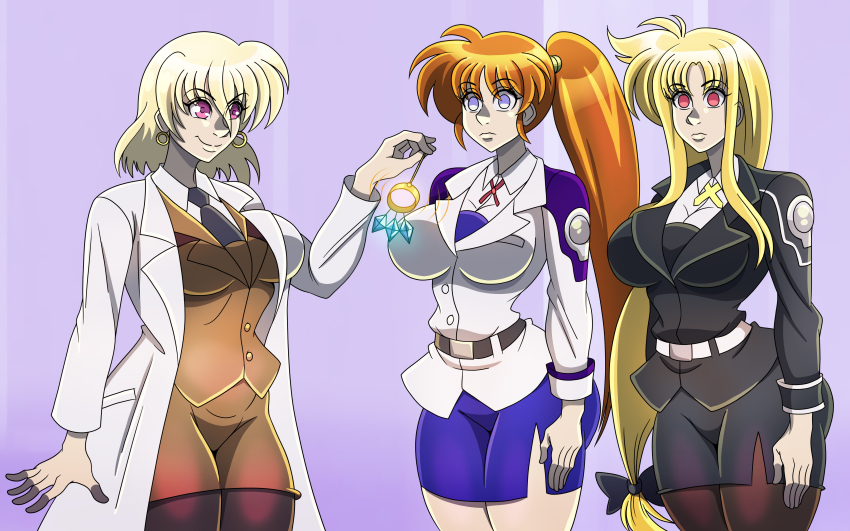 bangs belt blonde_hair breasts earrings empty_eyes expressionless fate_testarossa femdom femsub gradient_background jacket lab_coat large_breasts long_hair magical_girl_lyrical_nanoha multiple_girls multiple_subs nanoha_takamachi orange_hair pants pendulum purple_eyes red_eyes shamal short_hair simple_background skirt smirk standing standing_at_attention tie very_long_hair vest zorro-zero