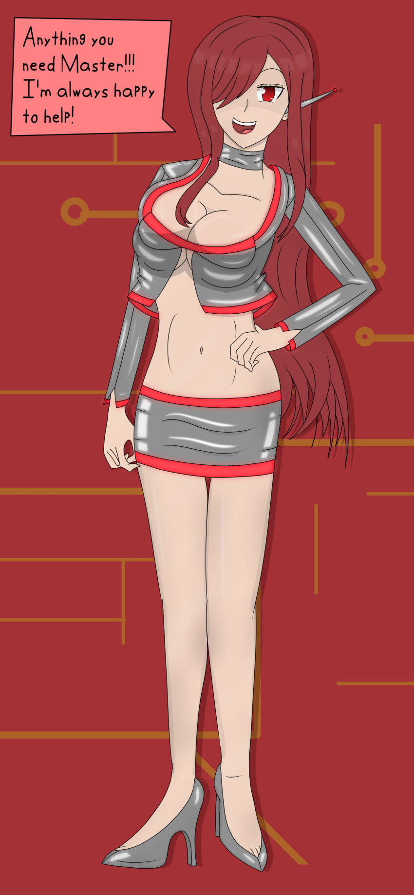 absurdres antenna bare_legs choker collarbone dialogue earpiece erza_scarlet fairy_tail female_only fembot femsub hair_covering_one_eye hand_on_hip happy_trance high_heels hy2300 jacket large_breasts latex long_hair midriff open_mouth red_eyes red_hair simple_background skirt smile solo speech_bubble standing tech_control text uniform very_long_hair