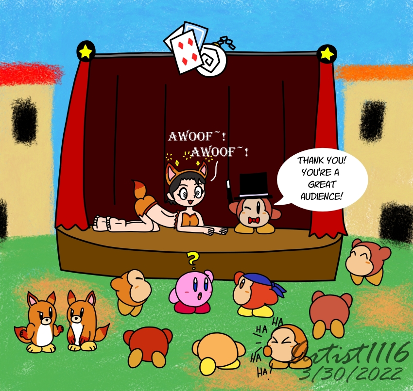 absurdres adeleine all_fours artist1116 ass awoofy_(kirby) bandana_waddle_dee barefoot black_hair feet femsub hypno_dee_(artist1116) kirby kirby_(series) large_breasts maledom nintendo open_mouth pet_play short_hair smile spiral_eyes stage_hypnosis tail text waddle_dee