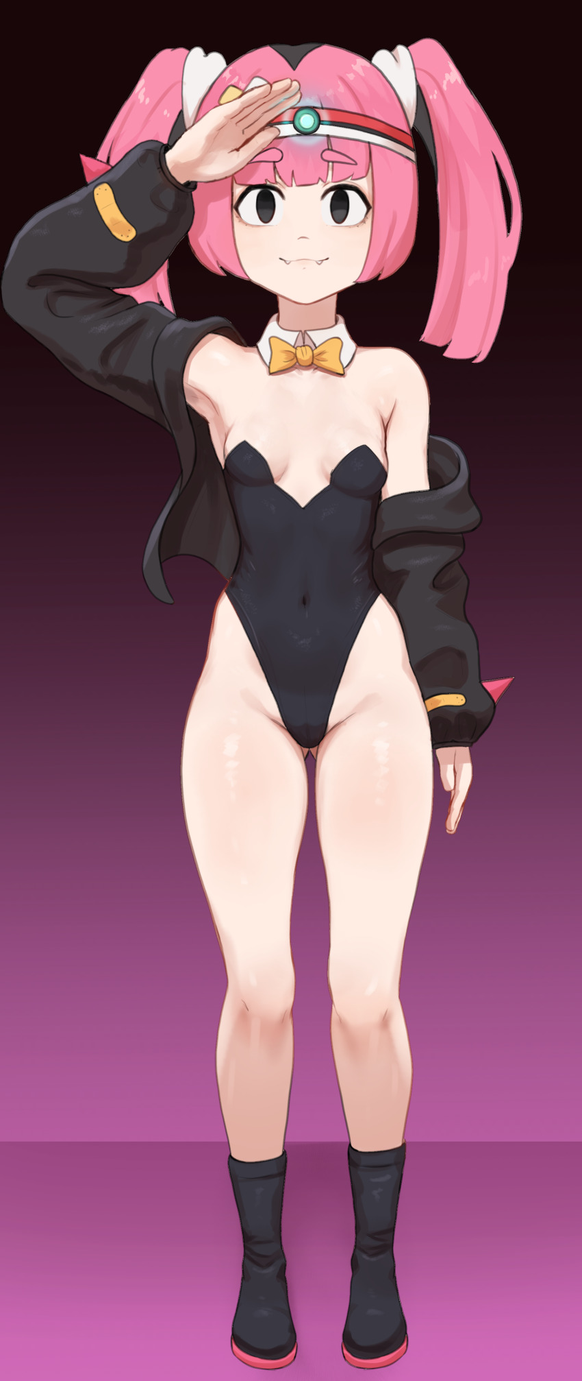 absurdres black_eyes bow_tie breasts brikot coral_(pokemon) empty_eyes fangs female_only femsub happy_trance hypnotic_accessory leotard nintendo pink_hair pokemon pokemon_(anime) saluting small_breasts smile solo standing standing_at_attention tech_control twintails