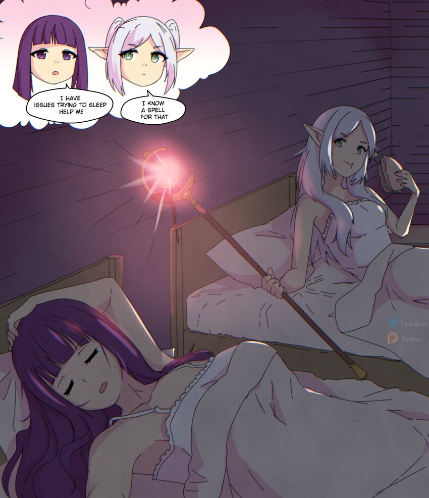 absurdres bare_shoulders bed breasts closed_eyes consensual elf elf_ears female_only femdom femsub fern_(frieren:_beyond_journey's_end) food frieren frieren:_beyond_journey's_end gojulas long_hair lying magic nightgown on_back open_mouth purple_hair sleep_command sleeping staff white_hair wholesome