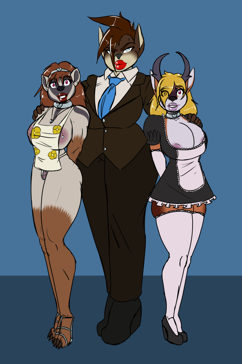 apron business_suit chastity choker cleavage collar defeated dog_girl femdom femsub furry futanari futasub happy_trance heart_eyes high_heels large_breasts large_lips maid mccrazy multiple_girls naked_apron pronghorn_girl size_difference smile smug stepfordization suit super_hero thighhighs tie