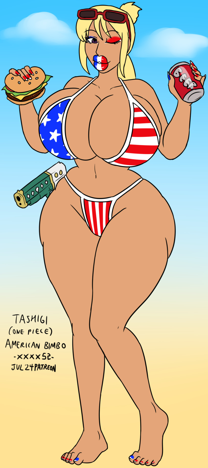 absurdres ass ass_expansion bare_legs barefoot beach beer bikini bimbofication blonde_hair breast_expansion breasts cleavage collarbone eyeshadow feet female_only femsub flag_bikini food fourth_of_july gradient_background gun huge_breasts large_ass large_hips large_lips lip_expansion lipstick long_nails looking_at_viewer makeup nail_polish navel one_eye_open one_piece outdoors purple_eyes simple_background smile solo sunglasses tan_skin tashigi text toenail_polish weapon wink xxxx52