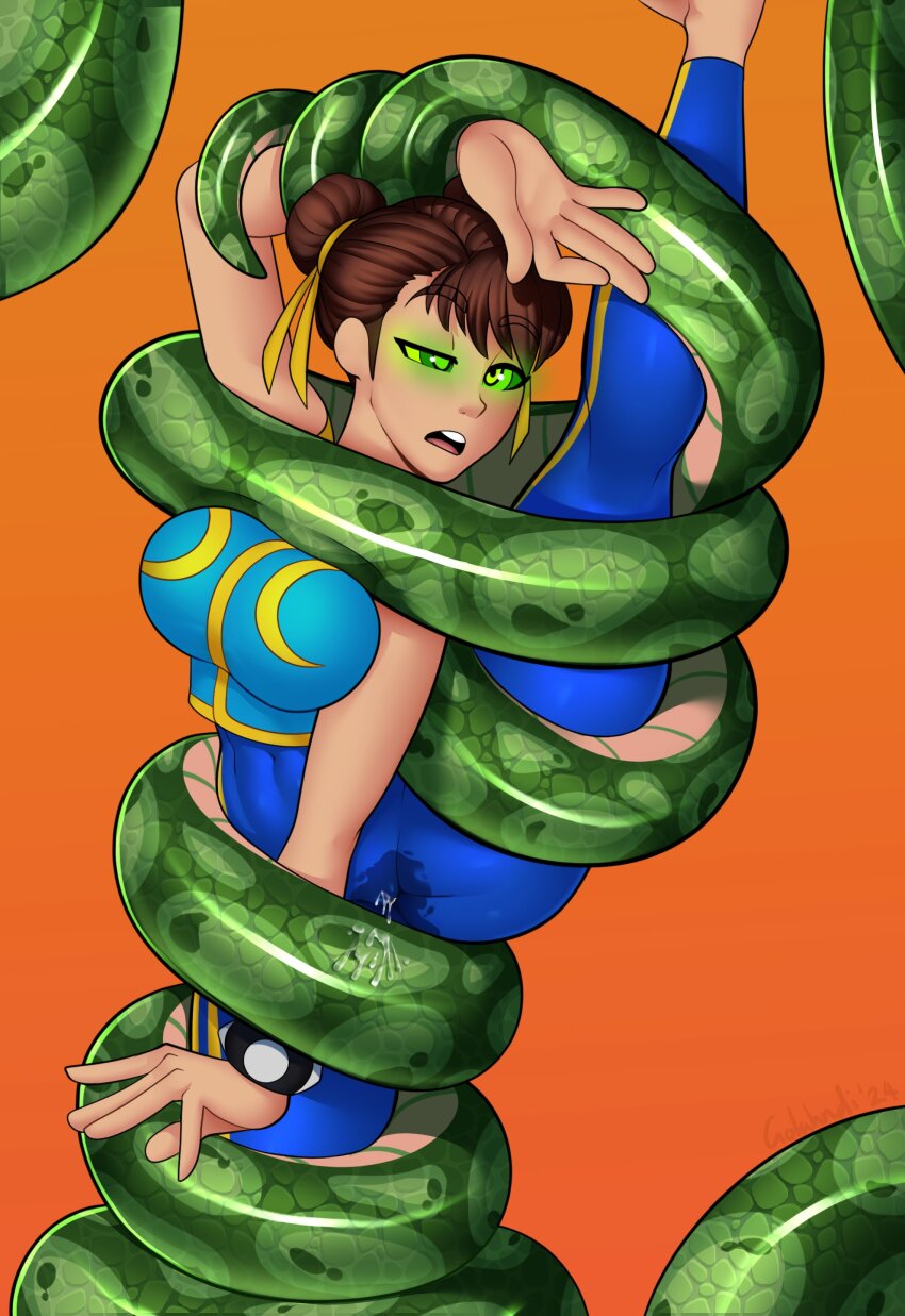 breasts brown_hair chun-li coils femsub g-lahndi pussy_juice ring_eyes snake street_fighter wet_clothes