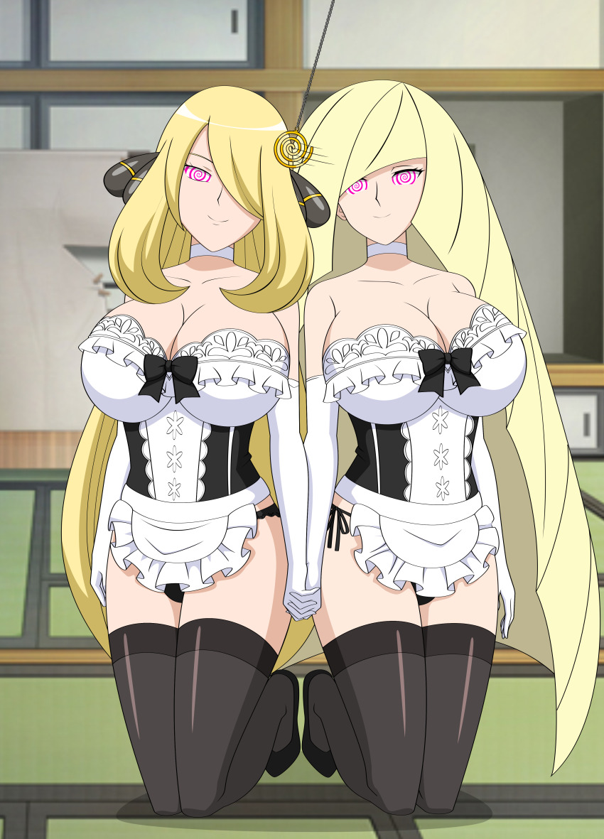 absurdres blonde_hair breasts choker cleavage cynthia female_only femsub gloves hair_covering_one_eye happy_trance holding_hands jimryu kneeling large_breasts lusamine maid milf multiple_girls multiple_subs nintendo opera_gloves pendulum pokemon pokemon_diamond_pearl_and_platinum pokemon_sun_and_moon smile spiral_eyes symbol_in_eyes thighhighs very_long_hair