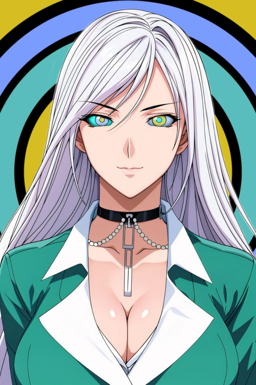 ai_art breasts choker cleavage clothed collarbone female_only femsub happy_trance huge_breasts ics92_(manipper) kaa_eyes long_hair manip moka_akashiya necklace rosario+vampire school_uniform silver_hair smile solo spiral_background