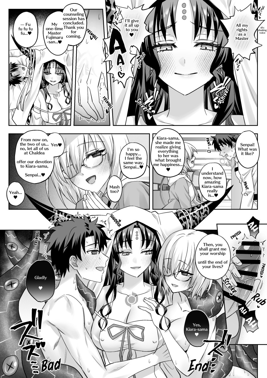 absurdres bad_end bed belt bisexual blush breasts bugmenotencore_(translator) censored cleavage clothed collarbone comic command_seal corruption dazed demon demon_girl dialogue dress empty_eyes english_text erect_nipples erect_nipples_under_clothes erection eyebrows_visible_through_hair faceless faceless_male fate/grand_order fate_(series) femdom femsub glasses greyscale hair_covering_one_eye handjob happy_trance hard_translated headdress heart horns hypnotized_assistant kiara_sessyoin large_breasts long_hair malesub mashu_kyrielight monochrome multiple_girls multiple_subs nipples nude nun ohana_34v on_back open_mouth penis right_to_left ritsuka_fujimaru_(male) sex short_hair sideboob smile speech_bubble sweat tentacles text therapist tie translated trembling uniform vaginal