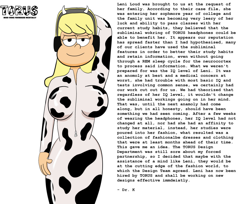 absurdres blonde_hair bodysuit breasts cow_girl cow_print dress female_only femsub happy_trance headphones horns hucow hypnotic_accessory hypnotic_audio large_breasts latex leni_loud long_hair looking_at_viewer loud_house nickelodeon smile solo subliminal tech_control temperancedraws text western