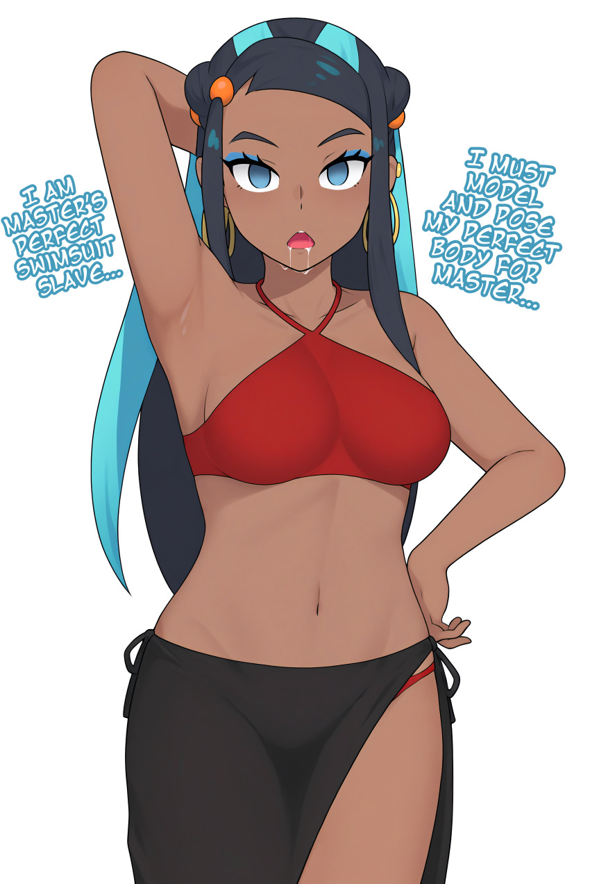 ai_art black_hair blue_eyes blue_hair collar dark_skin drool empty_eyes expressionless female_only femsub large_breasts long_hair looking_at_viewer makeup maledom manip midriff minimimic_(generator) minimimic_(manipper) multicolored_hair navel nessa_(pokemon) nintendo open_mouth pokemon pokemon_sword_and_shield posing simple_background stable_diffusion_(ai) swimsuit text white_background