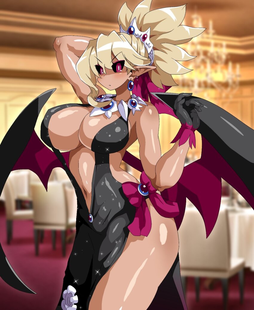 alternate_costume black_sclera breasts cleavage costume dark_skin demon demon_girl disgaea disgaea_2 dismania_(xenoman) dress earrings elf_ears eye_color_change eyeshadow femsub gloves hair_color_change jewelry large_breasts looking_at_viewer makeup platinum_blonde_hair possession rozalin slit_pupils sparkle thighs wide_hips wings zenon
