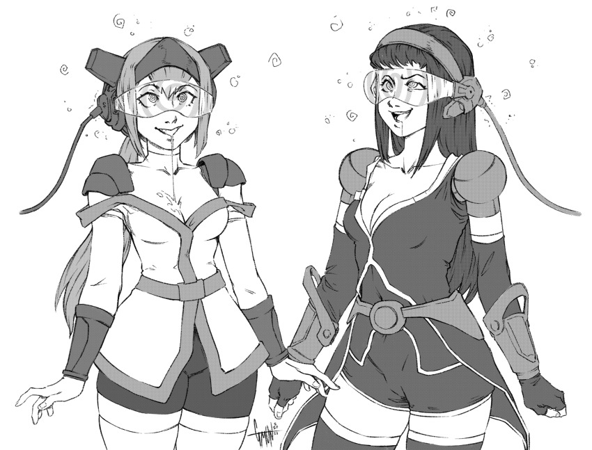 arm_warmers bangs belt bracers cleavage crosscode drool earpiece eyebrows_visible_through_hair female_only femsub fingerless_gloves gloves gmun hair_band hair_ornament happy_trance headband horns jacket lea_(crosscode) multiple_girls multiple_subs open_mouth opera_gloves ponytail shirt shizuka_sakai_(crosscode) short_shorts shoulder_pads simple_background smile spiral standing tech_control thighhighs thighs visor white_background wires