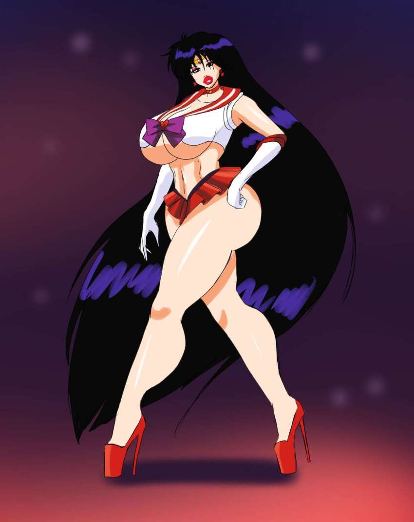 ass bare_legs bimboannon bimbofication black_hair breasts bridal_gauntlets collar earrings eyelashes femsub gloves high_heels huge_ass huge_lips jewelry large_ass large_breasts large_lips lipstick long_hair opera_gloves red_lipstick sailor_mars sailor_moon_(series) short_skirt thighs