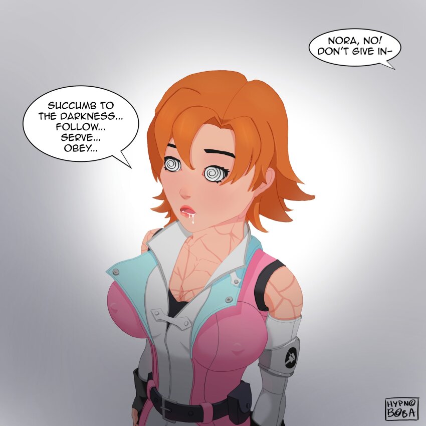 drool female_only femsub hypnoboba nora_valkyrie orange_hair rwby scars simple_background speech_bubble spiral_eyes standing_at_attention