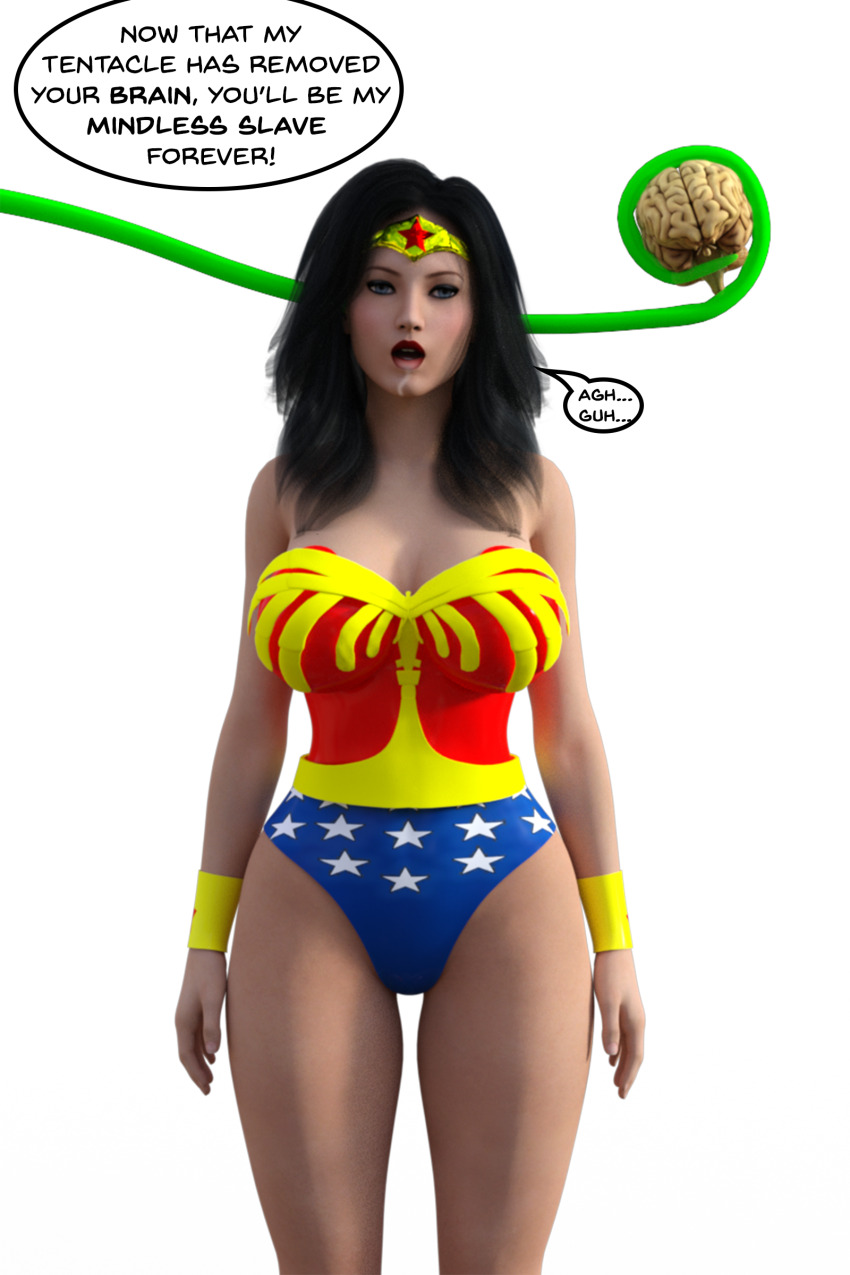 3d absurdres black_hair brain dc_comics dialogue drool external_brain female_only femsub lobotomy super_hero tentacles text the_brain-eating_evil_meteor the_grim_adventures_of_billy_and_mandy theheckle wonder_woman