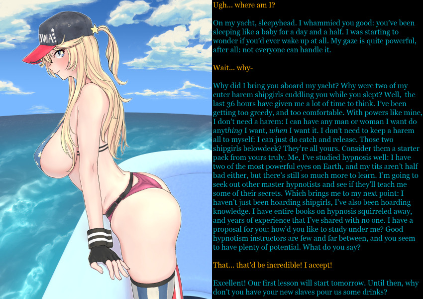 blonde_hair breasts caption caption_only femdom hajimanabu iowa_(kantai_collection) kantai_collection large_breasts long_hair looking_at_viewer manip nobody67_(manipper) pov pov_sub symbol_in_eyes text