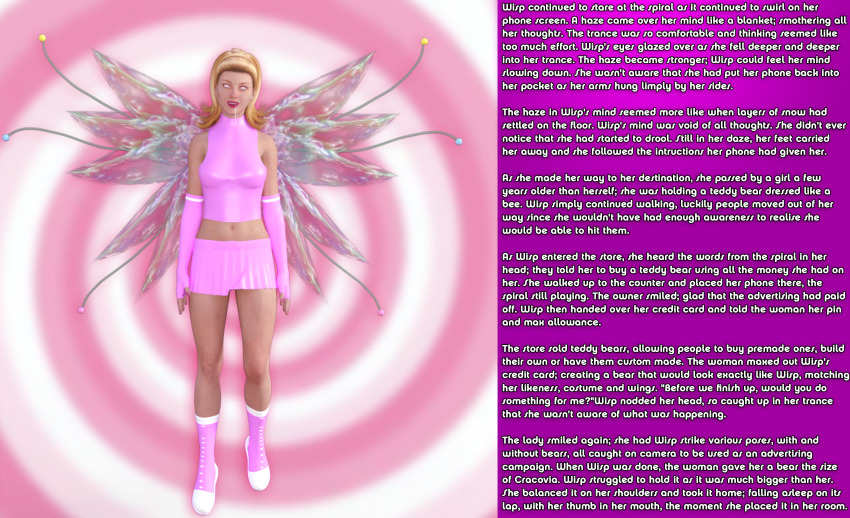 3d absurdres blonde_hair caption caption_only drool fairy fairyprincessjess_(writer) female_only femsub happy_trance manip original solo spiral spiral_eyes super_hero symbol_in_eyes text theheckle wisp_(fairyprincessjess)