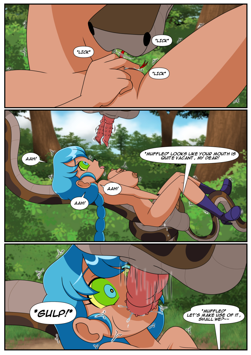 blue_hair braid caption coils comic cunnilingus disney double_penis fellatio femsub high_guardian_spice kaa kaa_eyes maledom nude penis renaissanceofchaos sage_(high_guardian_spice) snake text the_jungle_book tongue_out