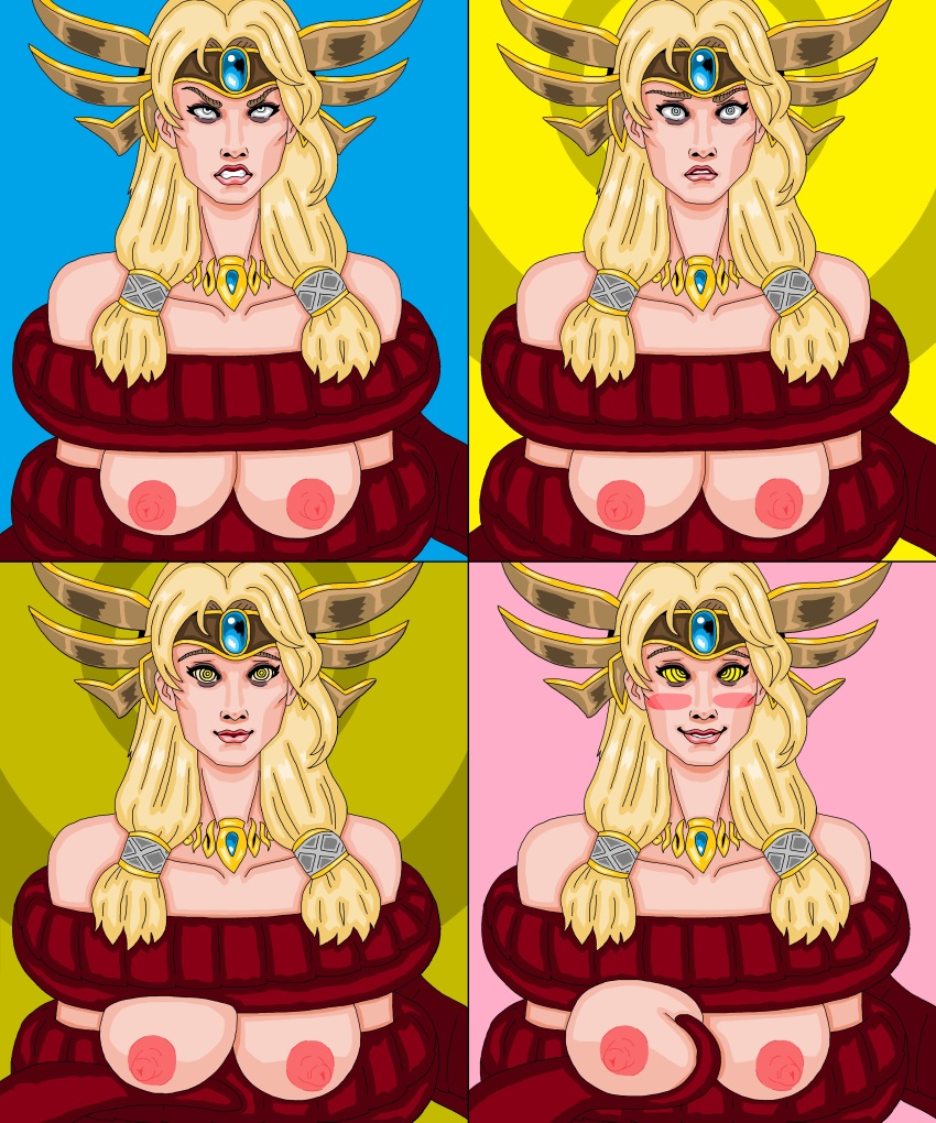 blonde_hair blush breast_grab breasts coils collar femsub freya_(smite) happy_trance mspainter multiple_views ring_eyes sequence simple_background smile smite