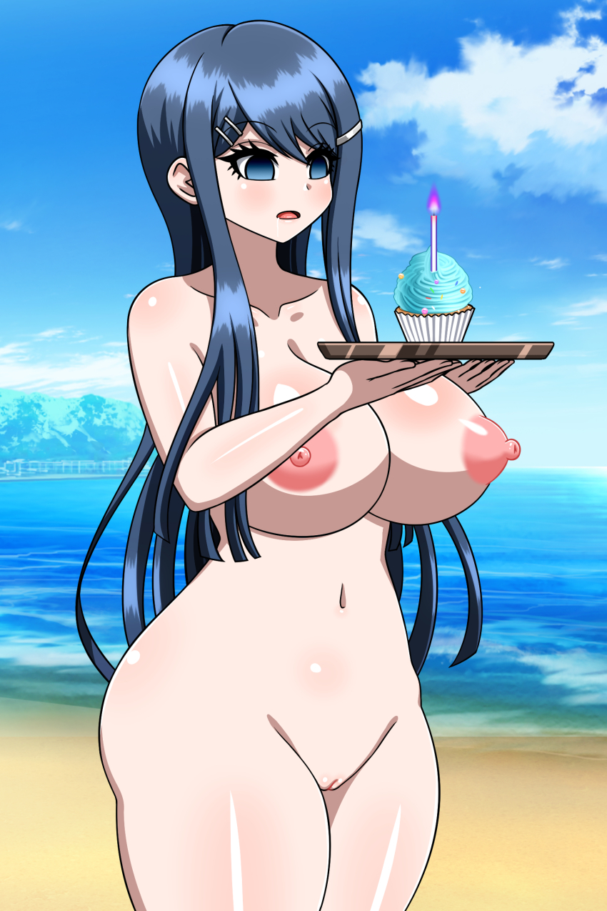 beach birthday blue_eyes blue_hair bottomless breasts candle cleavage collarbone cupcake dangan_ronpa dazed drool empty_eyes erect_nipples female_only femsub hypnotic_fire long_hair navel nipples nude open_mouth pussy sayaka_maizono solo standing topless tray water yensh