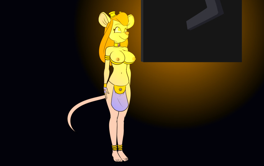 bare_shoulders barefoot blonde_hair breasts chip_n_dale_rescue_rangers choker disney empty_eyes erect_nipples feet femsub furry gadget_hackwrench happy_trance harem_outfit katsiika large_breasts loincloth long_hair monitor mouse_girl smile standing standing_at_attention tech_control western yellow_eyes