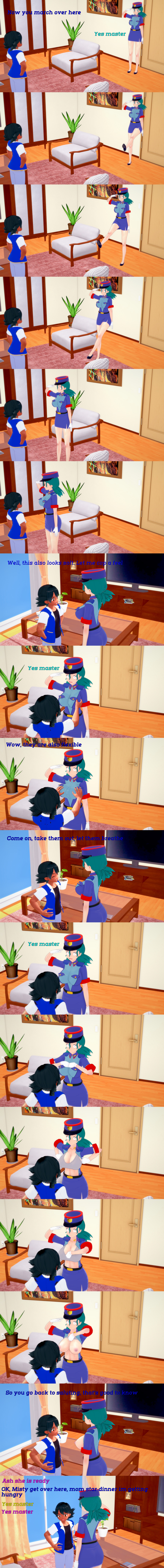 absurdres ash_ketchum black_hair breast_grab breasts breasts_outside brown_eyes closed_eyes clothed dialogue english_text femsub gloves green_hair groping horokeu maledom nintendo nipples officer_jenny pokemon pokemon_(anime) saluting short_hair shrunken_irises text undressing undressing_command