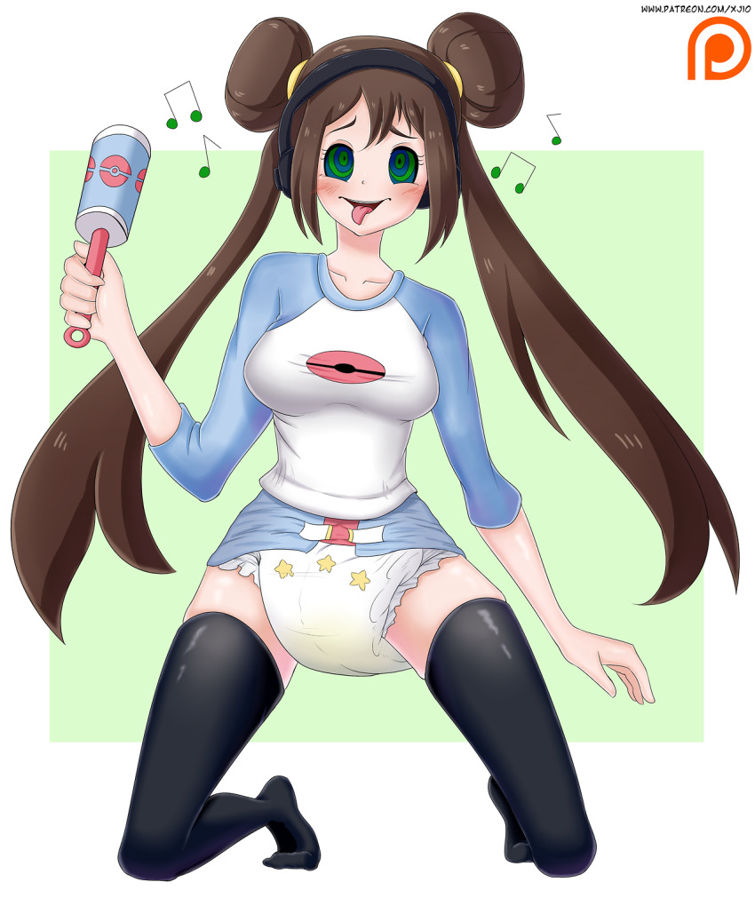 blush brown_hair diaper double_hair_bun female_only femsub hair_buns happy_trance headphones hypnotic_audio nintendo pokemon pokemon_black_and_white_2 rattle ring_eyes rosa_(pokemon) solo thighhighs tongue tongue_out twintails urination xjio