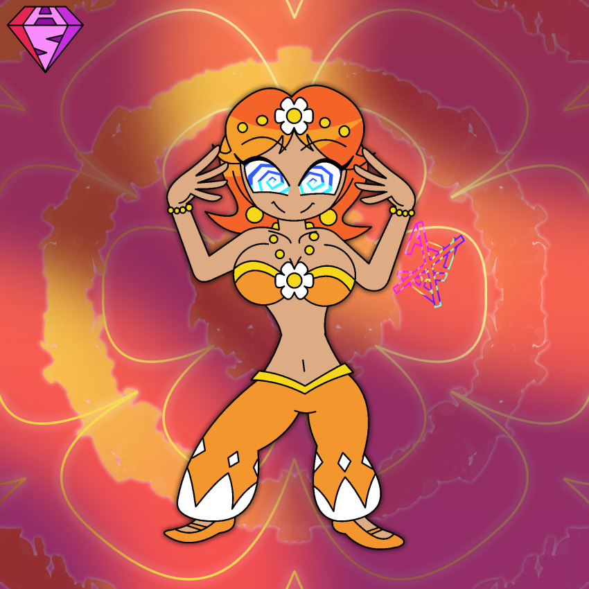 alternate_costume bare_shoulders blue_eyes cleavage dancer dark_skin earrings eyebrows_visible_through_hair eyelashes femdom harem_outfit hypnoscream large_breasts looking_at_viewer midriff navel necklace nintendo orange_background orange_hair pants posing pov_sub princess princess_daisy ring_background seductive_smile shiny_hair short_hair spiralwash_eyes super_mario_bros.