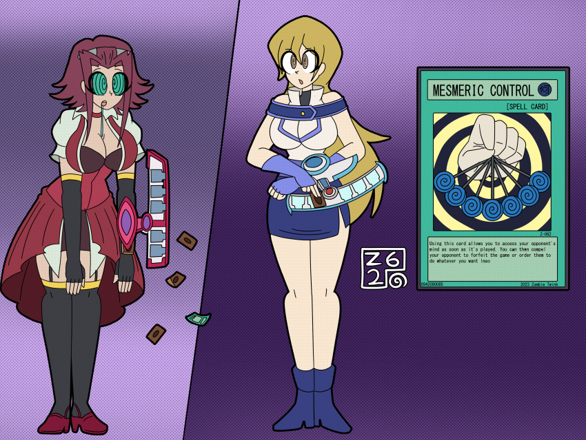 absurdres akiza_izinski alexis_rhodes breasts card character_request cleavage drool female_only femdom femsub mesmeric_control_(yu-gi-oh!) open_mouth slouching spiral_eyes spiralwash_eyes standing symbol_in_eyes tagme text yu-gi-oh! yu-gi-oh!_5d's yu-gi-oh!_gx zombietwink62