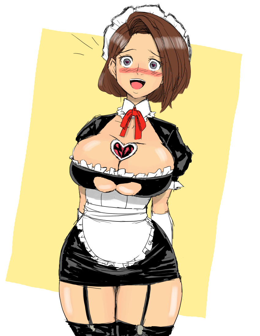 absurdres breasts brown_hair female_only femsub happy_trance heart heart_eyes hotpot_(colorist) hypnotic_accessory jill_valentine large_breasts maid maid_headdress neo-izayoi open_mouth resident_evil short_hair skirt symbol_in_eyes tech_control thick_thighs