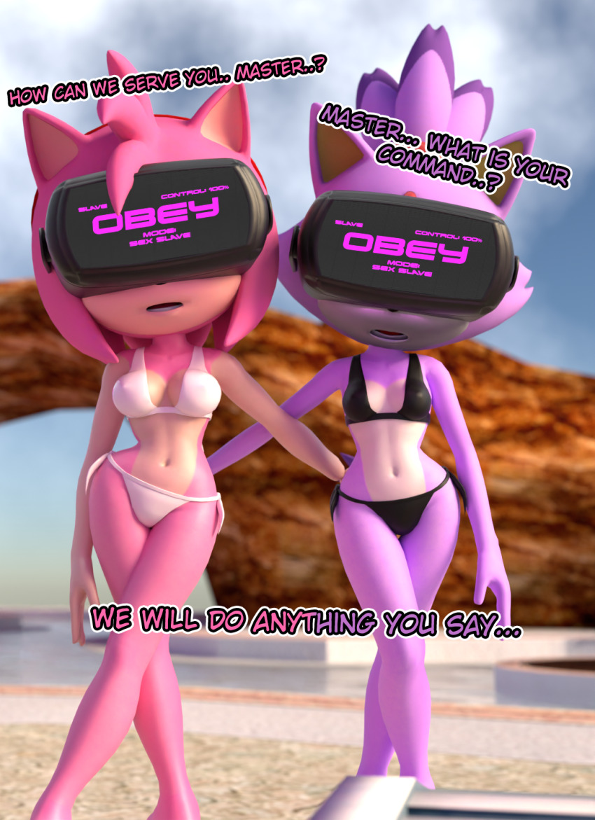 3d amy_rose ass_grab bare_legs barefoot beach bikini blaze_the_cat cleavage crossed_legs dialogue expressionless female_only femsub furry hair_band hourglass_figure maledom multiple_girls multiple_subs navel open_mouth outdoors pink_hair pink_skin purple_hair purple_skin short_hair sonic_the_hedgehog_(series) spiralrose23 standing swimsuit tech_control text visor